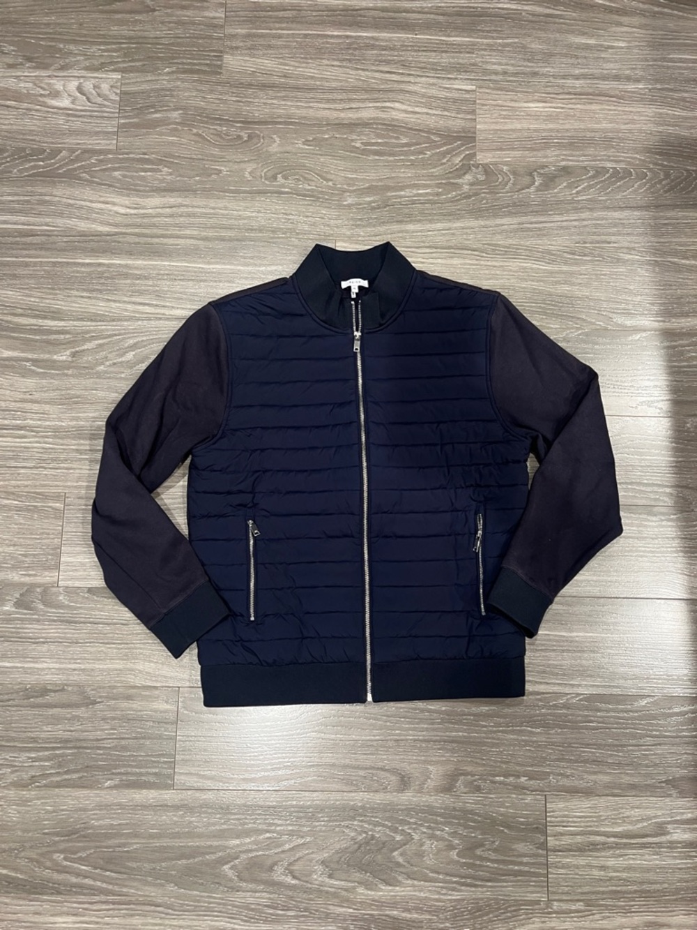Reiss Navy Quilted Bomber Jacket with Silver Zip
